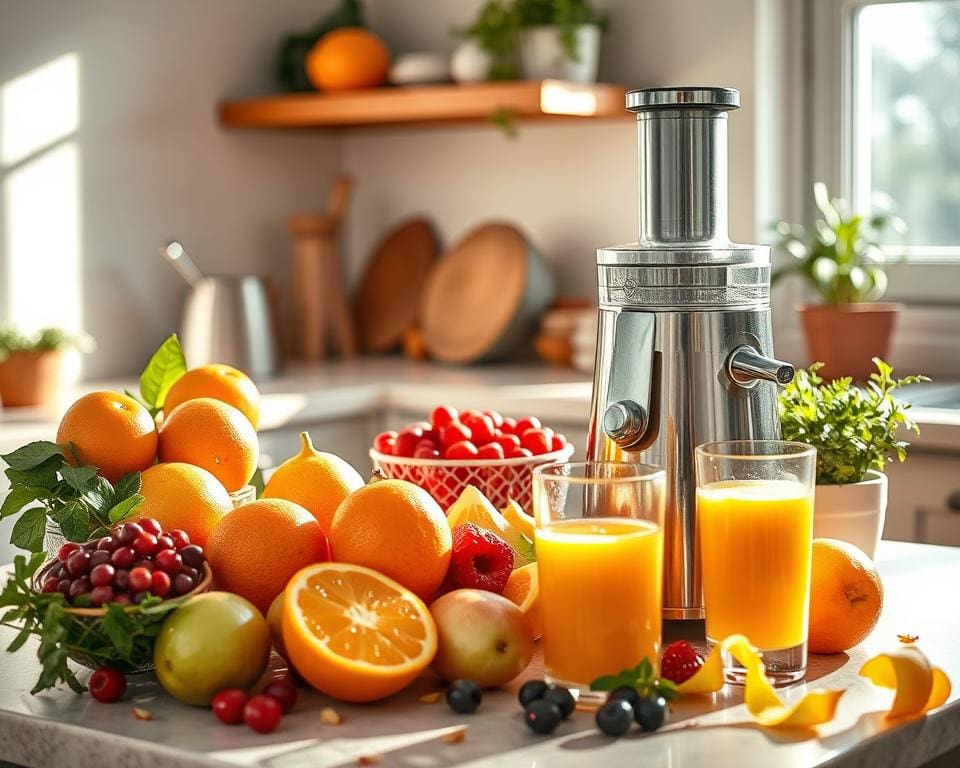 Fruitpersen voor verse sapjes in de ochtend