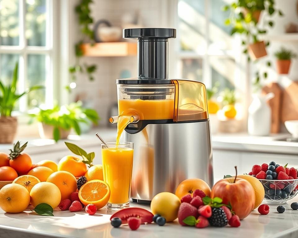 Fruitpersen voor versgeperste sappen bij het ontbijt