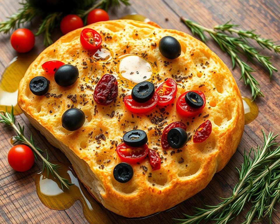 Focaccia met olijven en zongedroogde tomaten