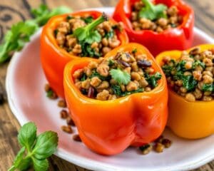 Gevulde paprika's met linzen en spinazie