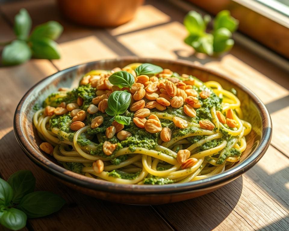 Pasta met pesto en geroosterde pijnboompitten