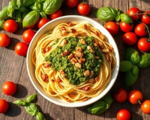 Pasta met pesto en geroosterde pijnboompitten