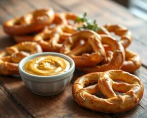 Pretzels met grove mosterd als dip