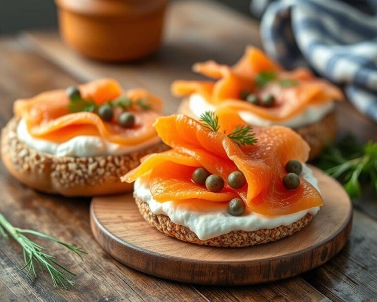 Volkoren bagels met gerookte zalm en roomkaas