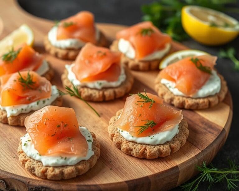 Volkoren crackers met kruidenkaas en zalm