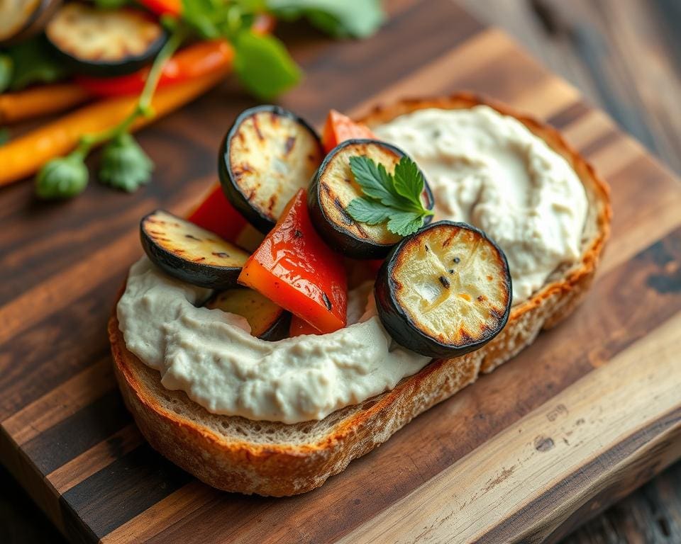 Zuurdesembrood met gegrilde groenten en hummus