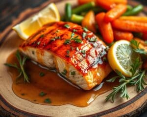 Gegrilde zalm met een honing-knoflooksaus
