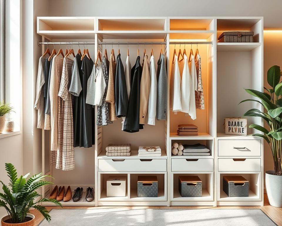 Kledingrekken met ingebouwde opbergdozen voor ruimte