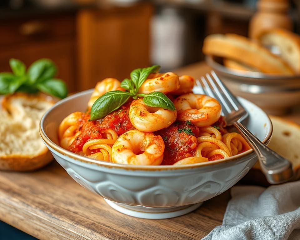 Pasta met garnalen in een pittige tomatensaus