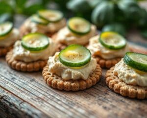 Volkoren crackers met hummus en komkommer
