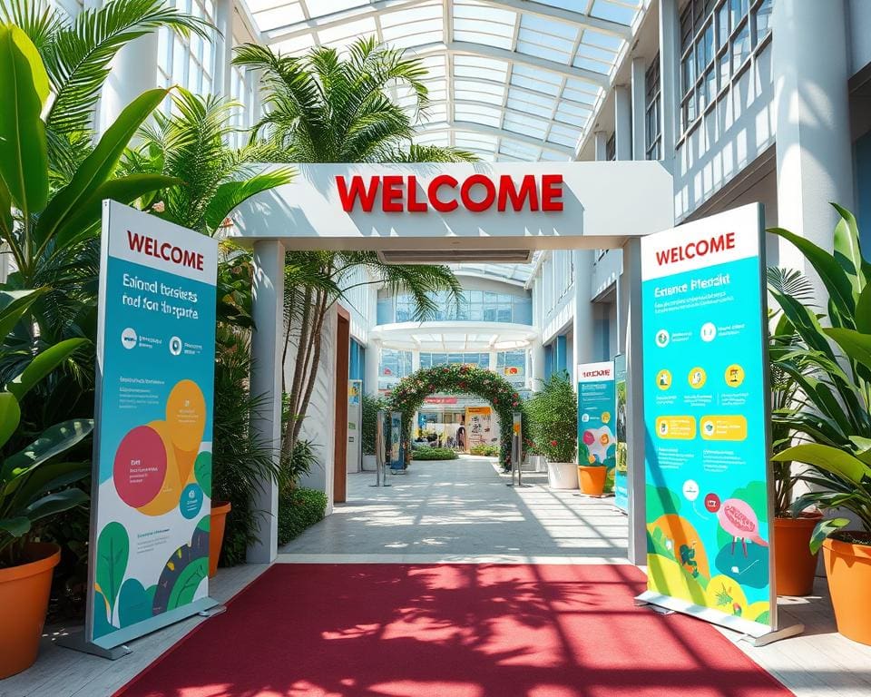 Welkomstpanelen en bewegwijzering met expositiepanelen