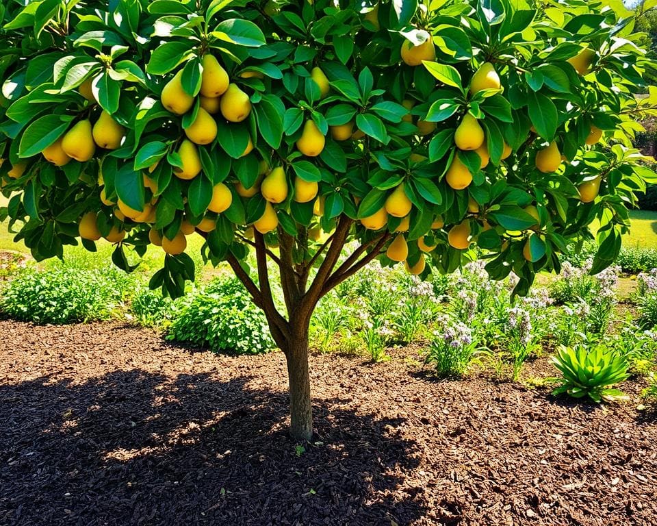 Wat doet een mulchlaag onder een perenboom?