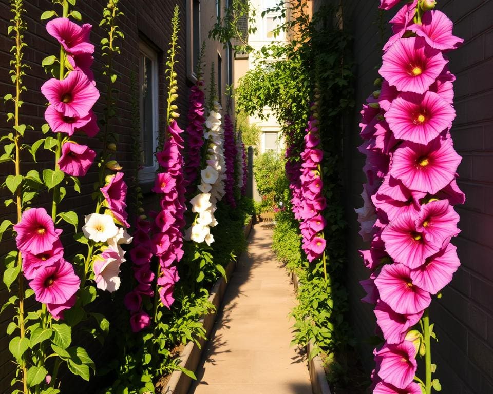 Zijn stokrozen geschikt voor een smalle stadstuin?