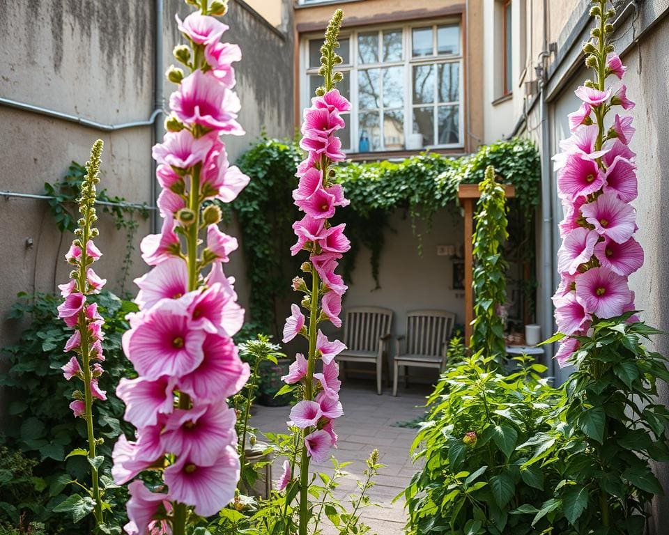 stokrozen kweken in een stadstuin