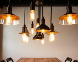 Industriële hanglampen boven de eettafel