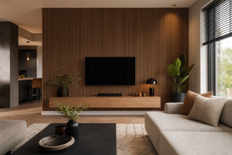 Een wand met houten latten als blikvanger